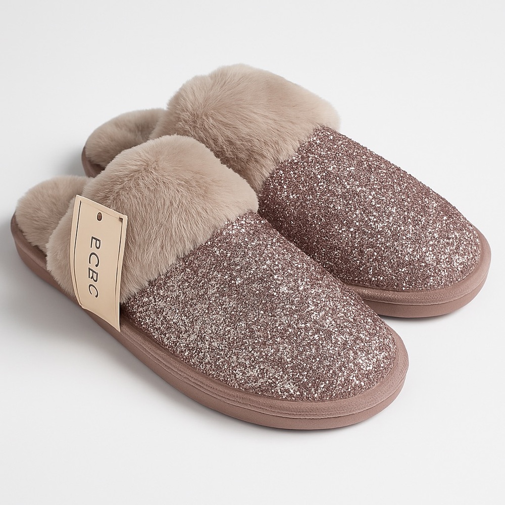 BCBGeneration Women’s Triaa Slippers Faux Fur Sequin Glitter Girlhoodcore NWT